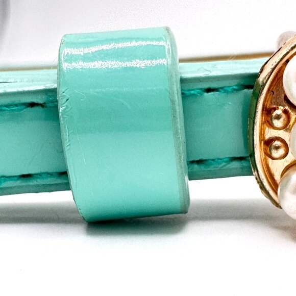 Mint Green Faux Leather Belt Pearl-Embellished Gold Bow Buckle Adjustable 29-33" - Picture 4 of 8